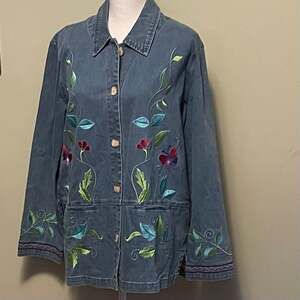 Denim Chore Jacket Teacher Chic Embroidery Jean Sz.L Cottage core